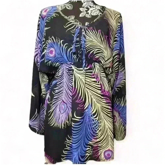 Boston Proper Peacock Feather Print Boho Blouse Small - Picture 1 of 4